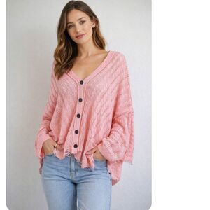 Pol Open Pink Lemonade Distressed Boho Oversized Cardigan Sweater Size Medium